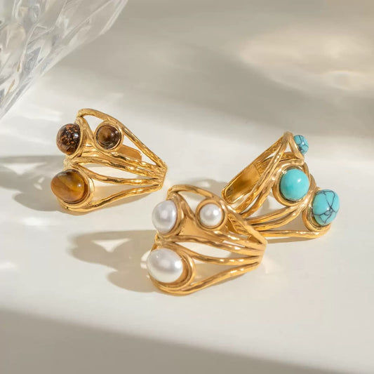 SoulWave Natural Stone Ring – 18K Gold Plated Stainless Steel